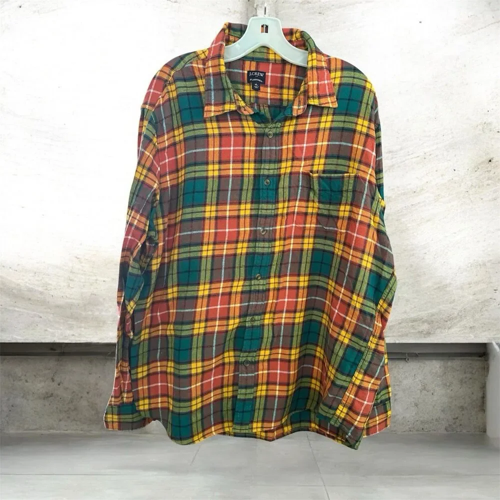 J CREW Mid Weight Flannel Shirt, Men's XL Plaid Double Brushed Green Orange